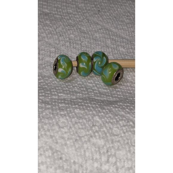 NEW SET OF 4 PANDORA MURANO BEADS - LT GREEN PURPLE W/BLUE & WHITE SWIRLS - BEAU - Picture 1 of 2